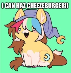 Size: 375x386 | Tagged: safe, artist:ponysforyou, oc, oc only, oc:morning dew, earth pony, pony, earth pony oc, fluffy, green background, hat, i can has cheezburger, meme, simple background, sitting, solo, text