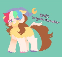 Size: 2048x1901 | Tagged: safe, artist:ponysforyou, oc, oc only, oc:morning dew, earth pony, pony, chest fluff, earth pony oc, green background, hat, simple background, solo, text, unshorn fetlocks