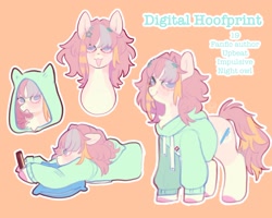 Size: 2048x1637 | Tagged: safe, artist:ponysforyou, oc, earth pony, pony, clothes, earth pony oc, hoodie, looking at you, reference sheet, smiling, text