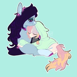 Size: 2048x2048 | Tagged: safe, artist:ponysforyou, oc, earth pony, pony, clothes, duo, earth pony oc, green background, high res, hoodie, hug, lying down, simple background, sitting, smiling