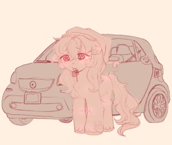 Size: 1760x1488 | Tagged: safe, artist:ponysforyou, oc, oc:morning dew, earth pony, pony, car, chest fluff, earth pony oc, hat, monochrome, mouth hold, sketch, smart car, solo