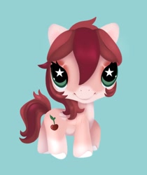 Size: 1397x1660 | Tagged: safe, artist:ponysforyou, oc, oc:nasty cherry, earth pony, pegasus, pony, blue background, earth pony oc, figurine, littlest pet shop, looking at you, simple background, solo, starry eyes, wingding eyes