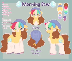 Size: 2048x1746 | Tagged: safe, artist:ponysforyou, oc, oc:morning dew, earth pony, pony, chest fluff, earth pony oc, female, hat, looking at you, mare, reference sheet, text, unshorn fetlocks