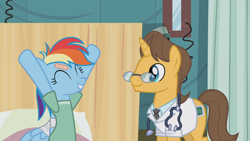 Size: 1920x1080 | Tagged: safe, screencap, doctor horse, doctor stable, rainbow dash, pegasus, pony, unicorn, g4, read it and weep, season 2, bandage, bandaged wing, cute, dashabetes, duo, duo male and female, eyes closed, female, glasses, injured, male, mare, smiling, stallion, wings