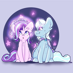 Size: 3000x3000 | Tagged: safe, artist:galaxiastar1, starlight glimmer, trixie, pony, unicorn, g4, accessory swap, cape, clothes, duo, duo female, female, hat, high res, magic, sitting, smiling, trixie's hat