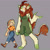 Size: 2048x2048 | Tagged: safe, artist:stevetwisp, applejack, autumn blaze, human, kirin, anthro, applejack's hat, boots, claws, clothes, cowboy hat, denim, gray background, hat, humanized, jeans, overalls, pants, shirt, shoes, simple background, size difference