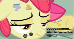 Size: 500x267 | Tagged: safe, edit, edited screencap, screencap, apple bloom, earth pony, pony, g4, the cutie pox, hangover, hub logo, logo, the hub