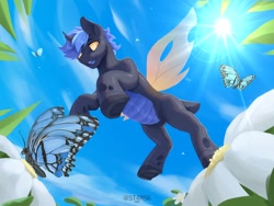 Size: 1800x1350 | Tagged: safe, artist:st4rs6, oc, oc only, butterfly, changeling, blue changeling, changeling oc, commission, floating, flower, spread wings, wings