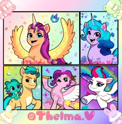 Size: 1185x1200 | Tagged: safe, artist:thelmavillagra, hitch trailblazer, izzy moonbow, pipp petals, sparky sparkeroni, sunny starscout, zipp storm, alicorn, dragon, earth pony, pegasus, pony, rabbit, unicorn, g5, adorapipp, adorazipp, animal, colored wings, crystal, cute, earth pony crystal, eyebrows, eyebrows visible through hair, group, heart, mane five, mane stripe sunny, multicolored wings, open mouth, open smile, pegasus crystal, race swap, rainbow, royal sisters (g5), sextet, siblings, sisters, smiling, spread wings, sunnycorn, unicorn crystal, unity crystals, wings