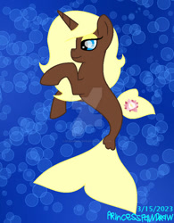 Size: 400x514 | Tagged: safe, artist:ioveanimals100, oc, oc only, pony, seapony (g4), unicorn, bubble, dorsal fin, eyeshadow, female, fin, fish tail, flowing mane, flowing tail, horn, lidded eyes, makeup, mare, ocean, requested art, seaponified, signature, solo, species swap, swimming, tail, underwater, water