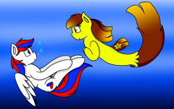 Size: 4000x2500 | Tagged: safe, artist:selecuri2002, oc, oc only, pegasus, pony, seapony (g4), bubble, dorsal fin, feather, fin, fish tail, flowing mane, flowing tail, folded wings, looking at each other, looking at someone, ocean, pegasus oc, redraw, seapony oc, swimming, tail, underwater, water, wings