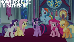 Size: 2000x1125 | Tagged: safe, edit, edited screencap, editor:quoterific, screencap, applejack, fluttershy, pinkie pie, rainbow dash, rarity, twilight sparkle, alicorn, earth pony, pegasus, pony, unicorn, g4, the beginning of the end, horn, mane six, throne, throne room, twilight sparkle (alicorn)