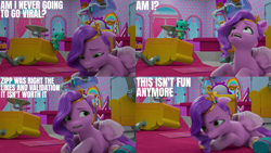 Size: 2000x1125 | Tagged: safe, edit, edited screencap, editor:quoterific, screencap, pipp petals, sparky sparkeroni, dragon, pegasus, pony, ali-conned, g5, my little pony: make your mark, my little pony: make your mark chapter 2, spoiler:my little pony: make your mark, spoiler:my little pony: make your mark chapter 2, spoiler:mymc02e04, baby, baby dragon, despair, diadem, duo, duo male and female, female, headband, implied zipp storm, jewelry, looking up, male, mare, open mouth, playing, regalia, sad