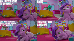 Size: 2000x1125 | Tagged: safe, edit, edited screencap, editor:quoterific, screencap, pipp petals, sparky sparkeroni, dragon, pegasus, pony, ali-conned, g5, my little pony: make your mark, my little pony: make your mark chapter 2, spoiler:my little pony: make your mark, baby, baby dragon, despair, diadem, duo, duo male and female, female, headband, implied zipp storm, jewelry, looking up, male, mare, open mouth, playing, regalia, sad