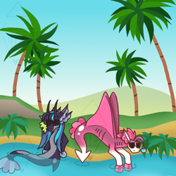 Size: 1024x1024 | Tagged: safe, artist:stormheart413, oc, oc only, hybrid, merpony, seapony (g4), dorsal fin, fin, fins, fish tail, gills, lying down, male, palm tree, seapony oc, sky, stallion, sunglasses, tail, tree, tropical, water