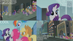 Size: 2000x1125 | Tagged: safe, edit, edited screencap, editor:quoterific, screencap, applejack, beaude mane, blueberry curls, colton john, floral pattern, fluttershy, fortune favors, fruit pack, globe trotter, levon song, lucky breaks, neigh sayer, neon lights, perfect pace, pinkie pie, rainbow dash, rarity, rising star, ruby splash, sea swirl, seafoam, spike, star gazer, twilight sparkle, alicorn, earth pony, pegasus, pony, unicorn, g4, rarity takes manehattan, mane six