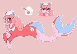 Size: 2280x1595 | Tagged: safe, artist:shibachichi, oc, oc only, merpony, seapony (g4), blue eyes, cherry, cute, digital art, dorsal fin, female, fin, fish tail, food, looking at you, mare, pink background, pink mane, seapony oc, simple background, smiling, smiling at you, solo, swimming, tail