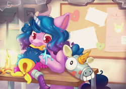 Size: 7016x4961 | Tagged: safe, artist:cutepencilcase, izzy moonbow, señor butterscotch, pony, unicorn, g5, my little pony: tell your tale, absurd resolution, cute, female, fire, glue, izzybetes, male, mare, mouth hold, painting, recycling, smoke