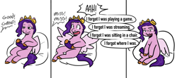 Size: 5767x2557 | Tagged: safe, artist:daisy_marshmallow, pipp petals, pegasus, pony, g5, 3 panel comic, adorapipp, beanbag chair, colored sketch, comic, controller, cute, dialogue, female, gamer pipp, gaming, gaming headset, headphones, headset, jerma985, mare, pipp985, simple background, sketch, solo, white background