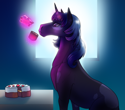 Size: 4000x3500 | Tagged: safe, artist:whitearbalest, derpibooru exclusive, oc, oc:lulu hollow, pony, unicorn, cake, cup, female, food, levitation, magic, mare, solo, telekinesis