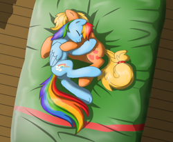 Size: 880x724 | Tagged: safe, artist:solixy406, applejack, rainbow dash, earth pony, pegasus, pony, g4, bed, cuddling, eyes closed, female, holding each other, mare, nap, sleeping, sleeping together