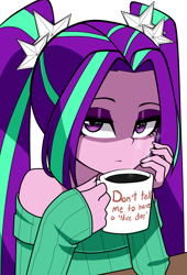Size: 1500x2200 | Tagged: safe, artist:nekojackun, aria blaze, human, equestria girls, g4, bare shoulders, clothes, coffee, coffee mug, female, looking at you, mug, off shoulder, off shoulder sweater, pigtails, simple background, solo, sweater, twintails