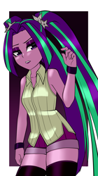 Size: 1143x2048 | Tagged: safe, artist:nekojackun, aria blaze, equestria girls, g4, aria flat, bare shoulders, booty shorts, bracelet, breasts, clothes, delicious flat chest, eyeshadow, female, hair tie, jewelry, lidded eyes, lipstick, long nails, looking at you, makeup, pigtails, shorts, skindentation, sleeveless, smiling, socks, solo, thigh highs, thighs, twintails, vest