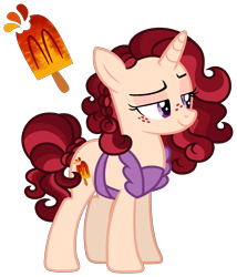 Size: 1483x1736 | Tagged: safe, artist:strawberry-spritz, oc, oc only, pony, unicorn, apron, base used, clothes, female, horn, magical lesbian spawn, mare, offspring, parent:cinnamon chai, parents:cayenne, solo, unicorn oc