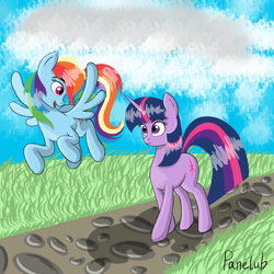 Size: 3000x3000 | Tagged: safe, artist:panelub, rainbow dash, twilight sparkle, pegasus, pony, unicorn, g4, duo, duo female, female, high res, unicorn twilight, walking