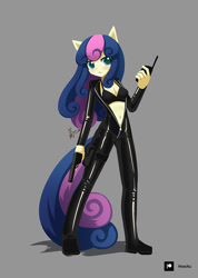 Size: 711x1000 | Tagged: safe, artist:howxu, bon bon, sweetie drops, earth pony, anthro, plantigrade anthro, belly button, big eyes, boots, bra, breasts, cleavage, clothes, curly hair, ears, female, green eyes, gun, handgun, latex, latex suit, long hair, pistol, secret agent sweetie drops, shiny, shoes, solo, tail, two toned hair, two toned tail, underwear, unzipped, walkie talkie, weapon, zipper