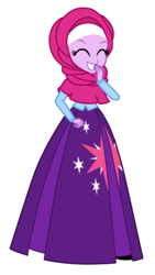 Size: 720x1280 | Tagged: safe, artist:selenaede, twilight sparkle, human, equestria girls, g4, base used, clothes, cutie mark on clothes, eyes closed, female, hand on mouth, hijab, islam, laughing, long skirt, long sleeved shirt, long sleeves, religion, shirt, simple background, skirt, smiling, solo, teeth, white background