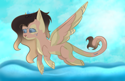 Size: 5400x3500 | Tagged: safe, artist:thecommandermiky, oc, oc only, oc:reagan, hybrid, pegasus, pony, cloud, flying, hybrid oc, long tail, ocean, paws, pegasus oc, solo, spread wings, tail, water, wings