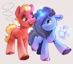 Size: 1652x1448 | Tagged: artist needed, source needed, safe, misty brightdawn, sprout cloverleaf, earth pony, pony, unicorn, g5, duo, duo male and female, female, glowing, glowing horn, horn, looking at each other, looking at someone, magic, male, mare, open mouth, ship:mistyclover, shipping, simple background, smiling, smoothie, speech bubble, stallion, straight, talking, telekinesis, that pony sure does love smoothies, walking