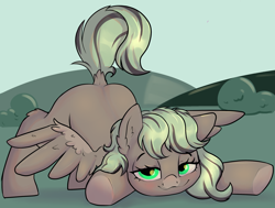 Size: 2501x1895 | Tagged: safe, artist:dumbwoofer, oc, oc:forest air, pegasus, pony, ass up, bedroom eyes, blushing, dock, ear fluff, female, grass, grass field, hock fluff, looking at you, mare, pegasus oc, presenting, sky, smiling, smiling at you, solo, spread wings, tail, underhoof, wingboner, wings