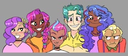 Size: 1500x660 | Tagged: safe, artist:stevetwisp, hitch trailblazer, izzy moonbow, pipp petals, sprout cloverleaf, sunny starscout, zipp storm, human, g5, bust, dark skin, height difference, humanized, light skin, mane five, moderate dark skin, sprout joins the mane five, tan skin