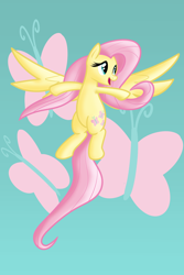 Size: 3600x5400 | Tagged: safe, artist:lxyacht, fluttershy, butterfly, pegasus, pony, g4, cutie mark, cutie mark background, female, flying, full body, long tail, mare, open mouth, simple background, solo, spread wings, tail, teal background, wings