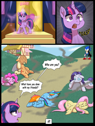 Size: 7500x10000 | Tagged: safe, artist:chedx, applejack, fluttershy, pinkie pie, rainbow dash, rarity, twilight sparkle, alicorn, earth pony, hedgehog, pegasus, pony, unicorn, anthro, comic:learning with pibby glitch battles, g4, anthro with ponies, comic, commission, crossover, fanfic, fanfic art, mane six, multiverse, sonic the hedgehog, sonic the hedgehog (series), twilight sparkle (alicorn)