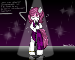 Size: 2500x2000 | Tagged: safe, artist:scarletdoodle, oc, oc only, oc:wild swing, anklet, clothes, dress, eyes closed, eyeshadow, french, high res, jazz, jewelry, makeup, pink mane, shiny, singing, white coat