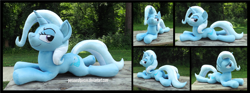 Size: 4710x1754 | Tagged: safe, artist:peruserofpieces, trixie, pony, unicorn, g4, beanie (plushie), female, horn, irl, looking at you, lying down, mare, photo, plushie, prone, smiling, smiling at you, smug, solo, sploot