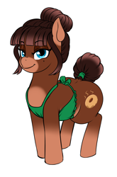 Size: 1672x2528 | Tagged: safe, artist:dibujito, oc, oc only, oc:donut steam, earth pony, pony, apron, blue eyes, brown coat, brown mane, brown tail, clothes, earth pony oc, female, hair bun, looking at you, mane, simple background, solo, tail, tail bun, white background