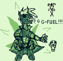 Size: 732x707 | Tagged: safe, artist:damset, oc, oc:da-mset, oc:isaac, changeling, 1000 hours in ms paint, cloak, clothes, eyepatch, game boy, monochrome, ms paint, one eye, pixel art, taunting, the binding of isaac