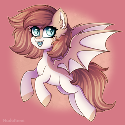 Size: 2600x2600 | Tagged: safe, artist:madelinne, oc, oc only, bat pony, pony, bat pony oc, bat wings, ear fluff, fangs, flying, happy, high res, open mouth, simple background, slit pupils, solo, spread wings, wings