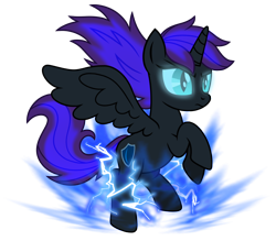Size: 1000x876 | Tagged: safe, artist:jennieoo, oc, oc:nyx, alicorn, pony, alicorn oc, gift art, glowing, glowing eyes, horn, lightning, patreon, patreon reward, show accurate, simple background, solo, spread wings, transparent background, wings