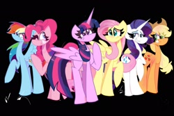 Size: 2048x1371 | Tagged: safe, artist:andyfoxarts890, applejack, fluttershy, pinkie pie, rainbow dash, rarity, twilight sparkle, alicorn, earth pony, pegasus, pony, unicorn, g4, black background, female, mane six, simple background, twilight sparkle (alicorn)