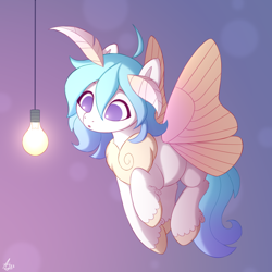 Size: 1000x1000 | Tagged: safe, artist:luminousdazzle, oc, oc only, unnamed oc, bug pony, insect, moth, mothpony, original species, pony, antennae, behaving like a moth, butterfly wings, chest fluff, colored wings, curious, cute, female, flying, gradient background, gradient mane, gradient wings, lamp, light, lightbulb, mare, no pupils, solo, unshorn fetlocks, wings