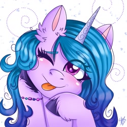 Size: 1280x1280 | Tagged: safe, artist:galaxy swirl, izzy moonbow, pony, unicorn, g5, spoiler:g5, ;p, bust, cute, izzybetes, one eye closed, portrait, simple background, smiling, solo, tongue out, unshorn fetlocks, white background, wink