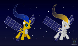 Size: 1223x719 | Tagged: safe, artist:wheatley r.h., derpibooru exclusive, earth pony, object pony, original species, pony, female, mare, ponified, satellite, satellite pony, smiling, solar battery, solo, space, stars, vector, watermark, zero gravity
