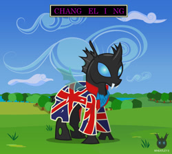 Size: 1112x994 | Tagged: safe, artist:wheatley r.h., derpibooru exclusive, changeling, album parody, clothes, cloud, david bowie, grass, jacket, male, sky, smiling, solo, stallion, tree, union jack, vector, watermark