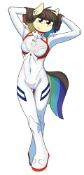 Size: 1919x4000 | Tagged: safe, artist:in3ds2, artist:katingcipset, oc, oc only, oc:polie lightmixer, earth pony, anthro, anthro oc, bodysuit, clothes, ear piercing, eyebrows, eyebrows visible through hair, female, freckles, latex, latex suit, looking at you, loose hair, multicolored hair, neon genesis evangelion, piercing, plugsuit, rainbow hair, simple background, solo, transparent background