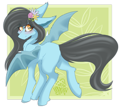 Size: 1780x1574 | Tagged: safe, artist:ezzerie, oc, oc only, oc:flower popen, bat pony, gynoid, pony, robot, robot pony, blushing, eye clipping through hair, female, flower, flower in hair, heart, heart eyes, solo, wingding eyes, wings